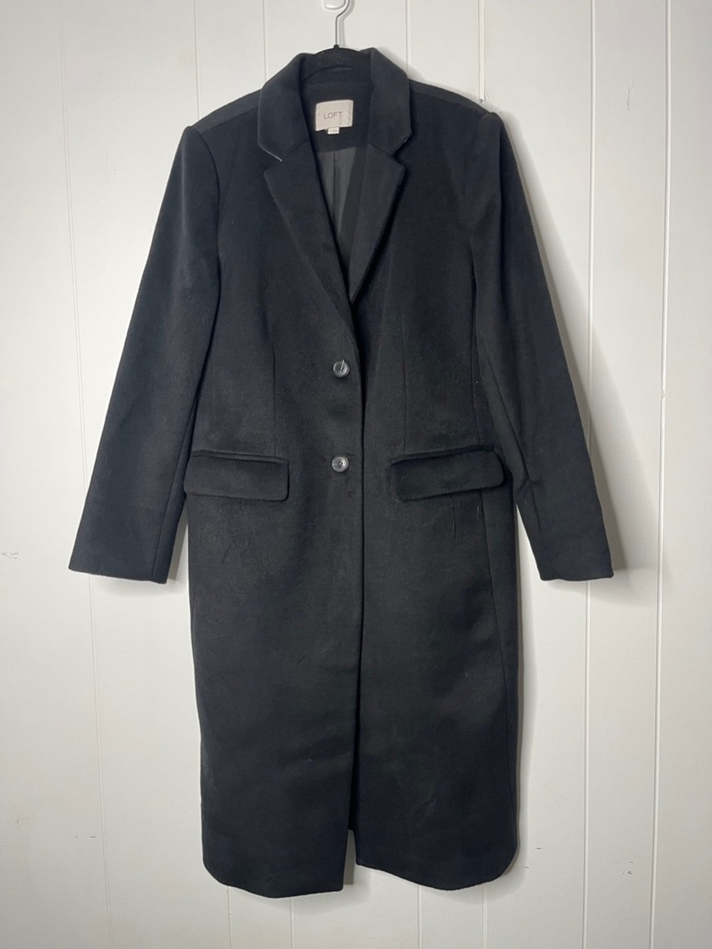 LOFT Women's Black Long Wool-Blend Trench Coat Two Button Size L Tailored